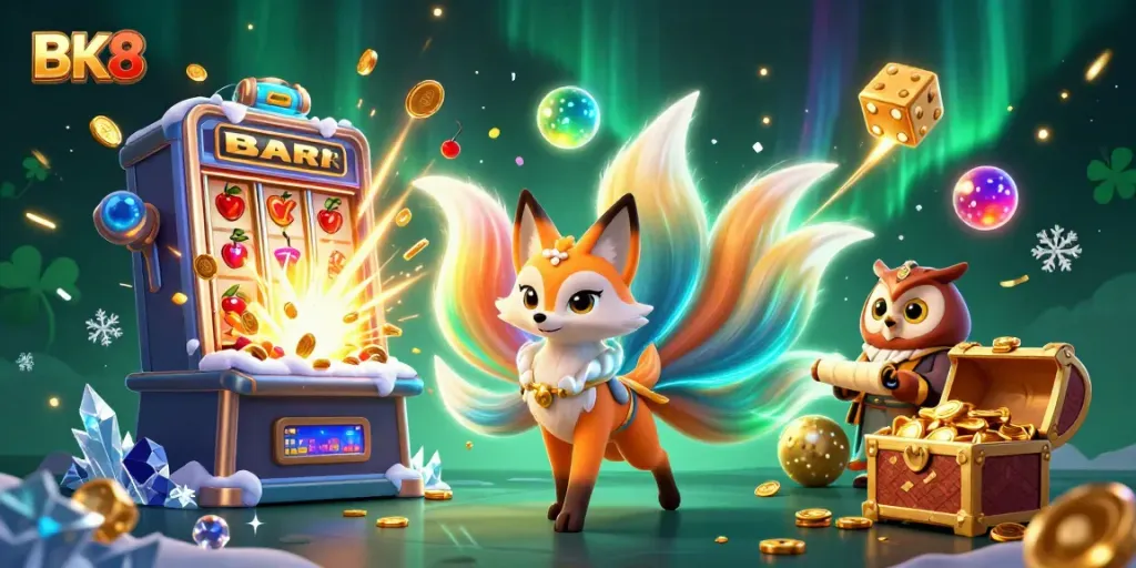 Engage in thrilling gaming with BK8’s vibrant casino illustration, showcasing a magical scene with slot machines and enchanted characters.