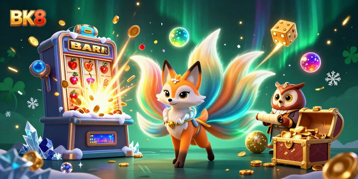 Engage in thrilling gaming with BK8’s vibrant casino illustration, showcasing a magical scene with slot machines and enchanted characters.