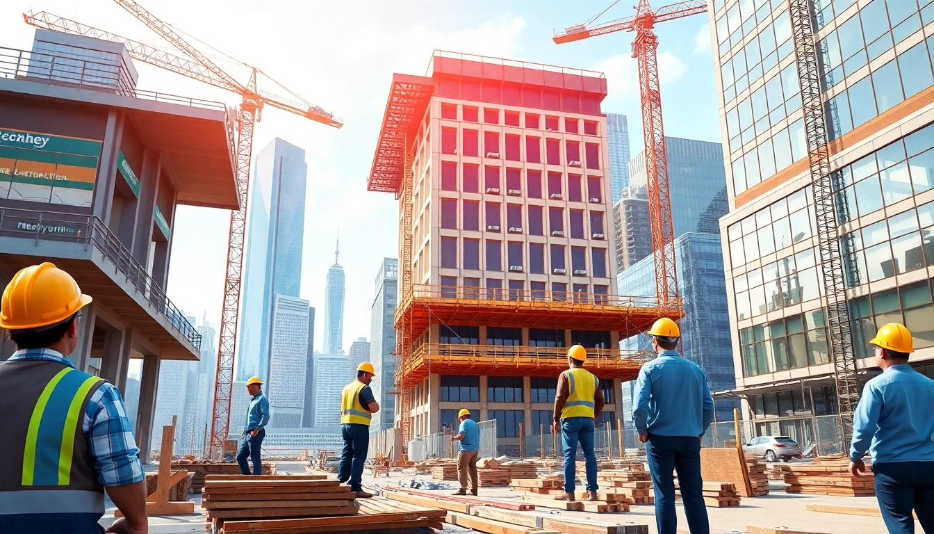 New York Commercial General Contractor collaborating with a skilled team at a bustling construction site.