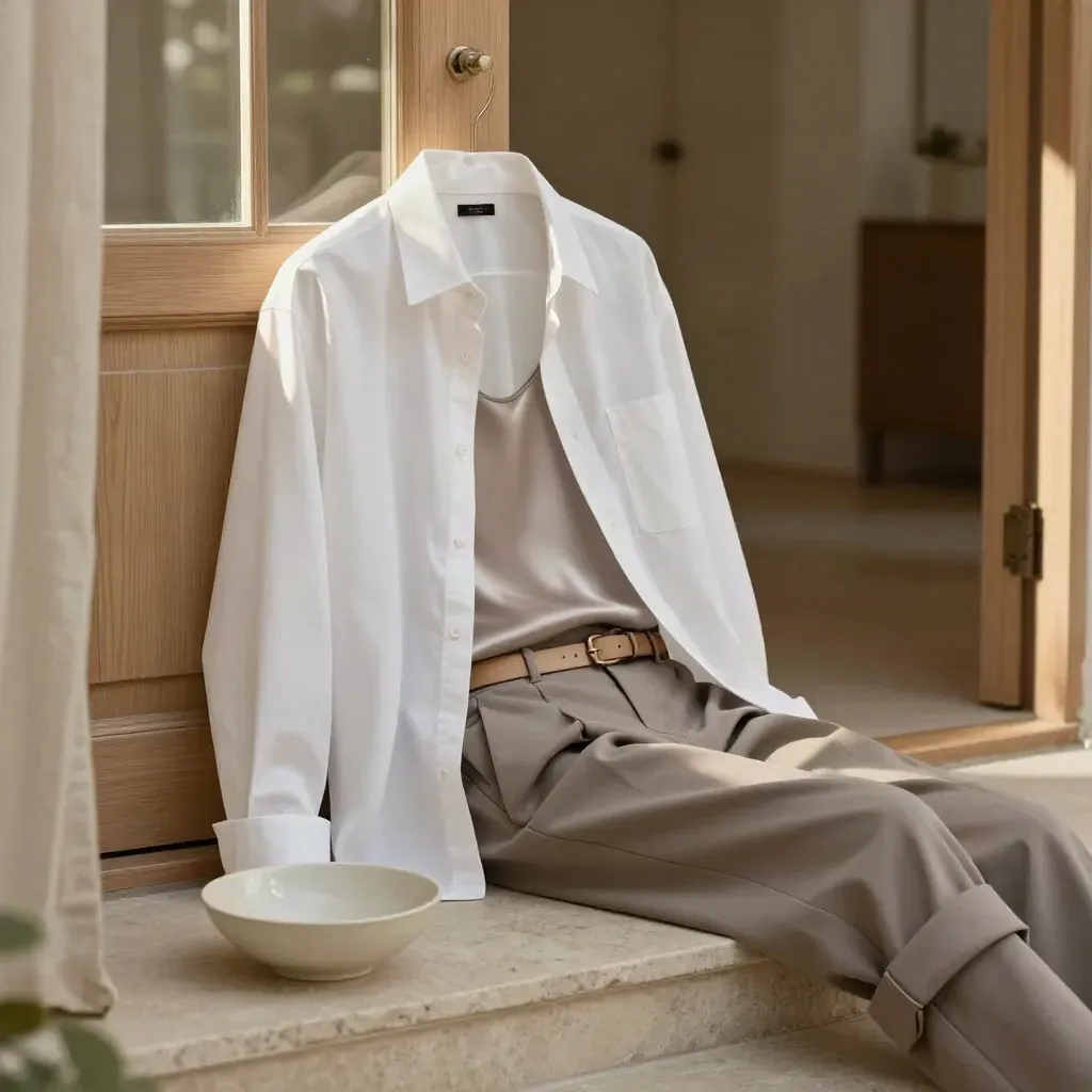 White shirt and silk tank with trousers and belt in soft doorway light.