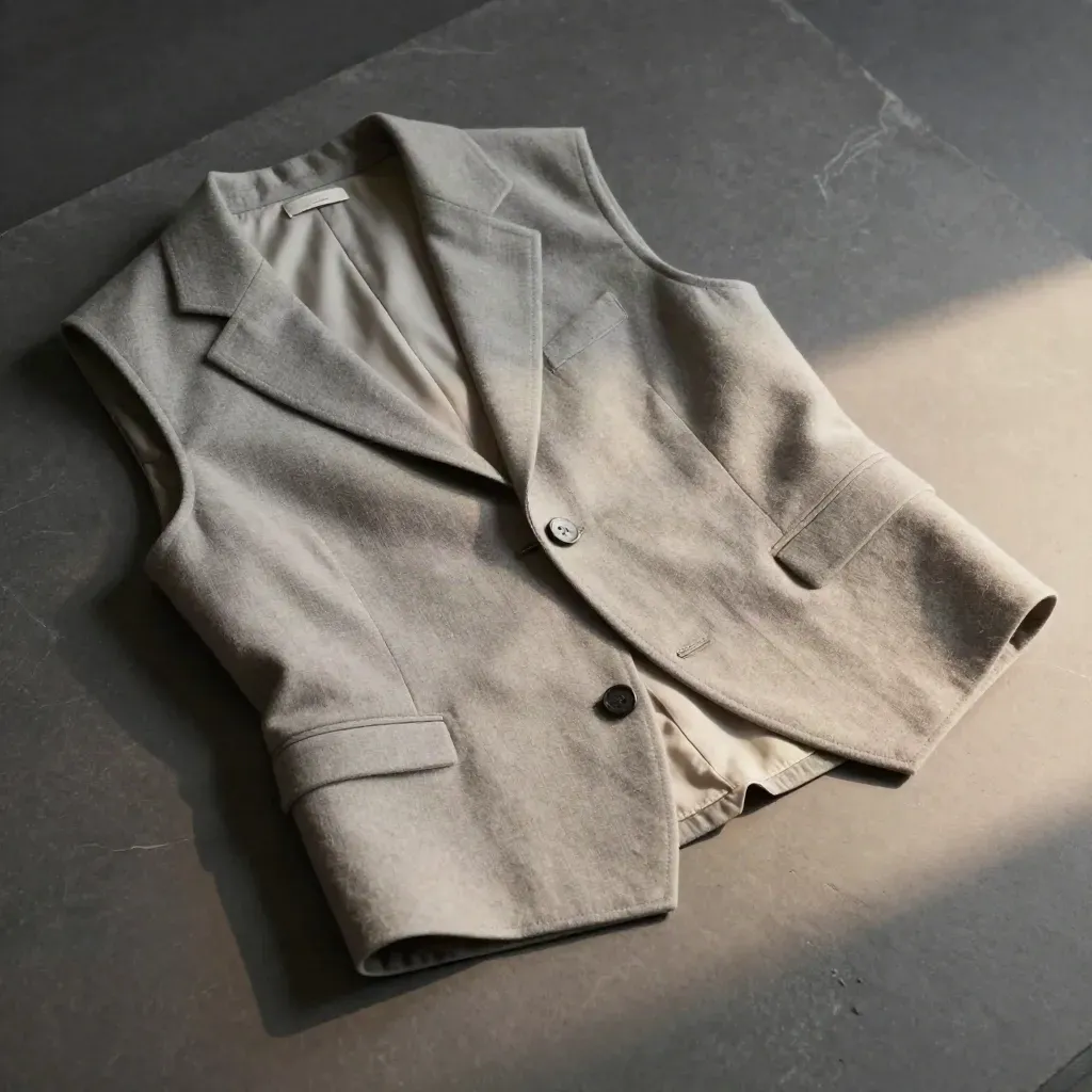 Sand wool tailored vest with shirt collar, trousers, and linen swatch on stone