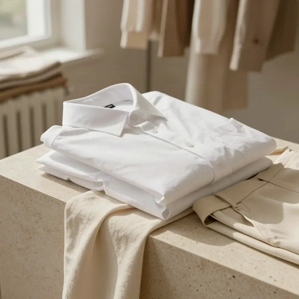 White boxy shirt folded with knit tank and trousers on travertine, soft side-lit in a minimalist atelier.