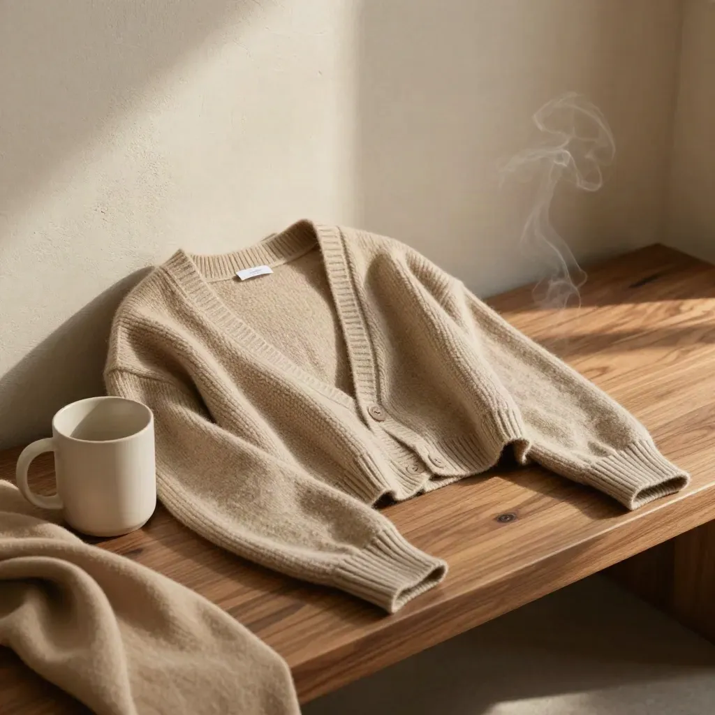 Oatmeal cashmere cardigan draped over linen cushion with mug, scarf, and steam.