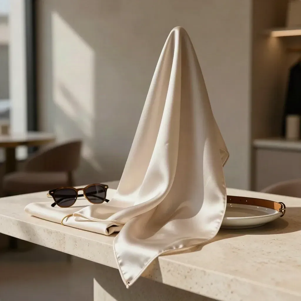 Noa silk scarf on folded coat with sunglasses, belt and ceramic tray in soft light.