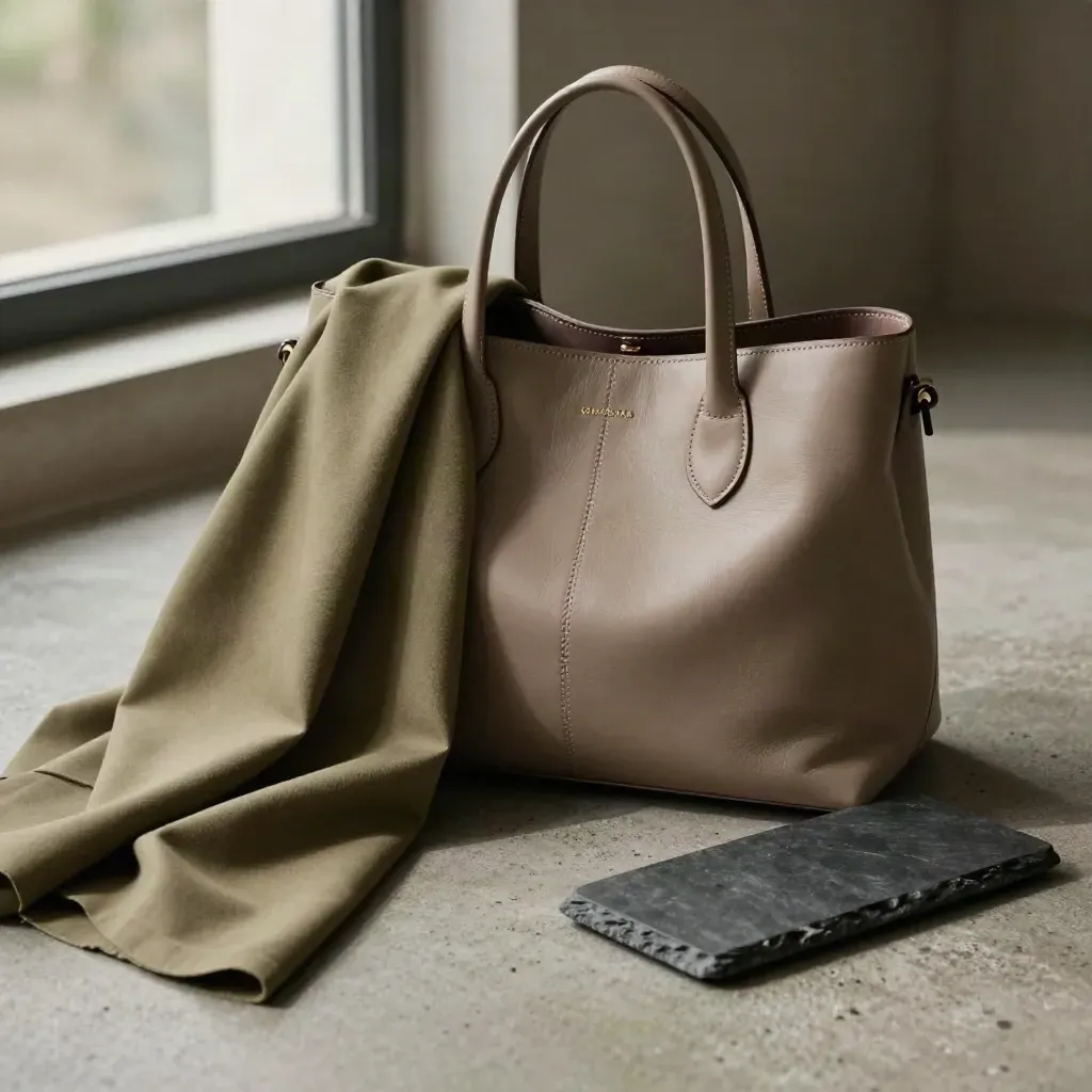 Sage leather tote with scarf, trench, and stone tray on a concrete slab