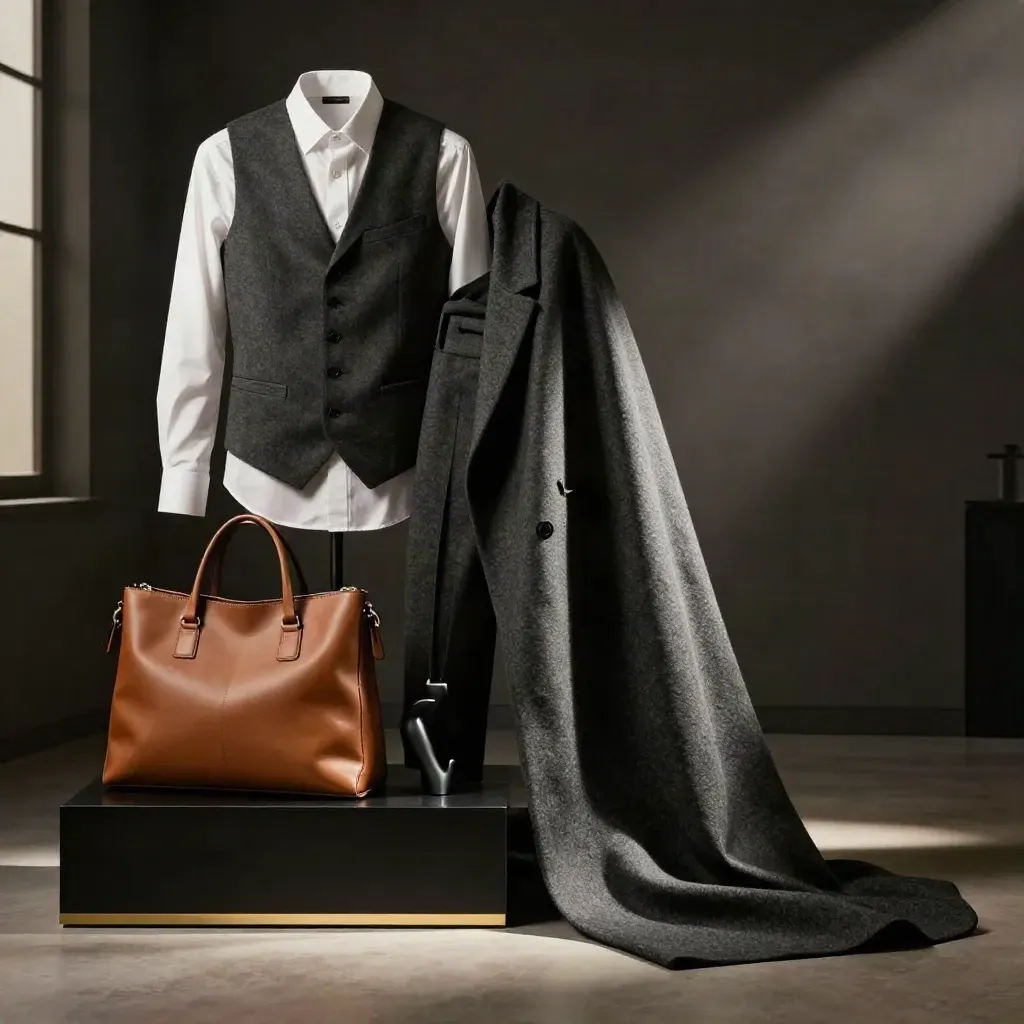 Charcoal vest and trousers with white shirt and tan bag on a dark studio plinth with dramatic side light.