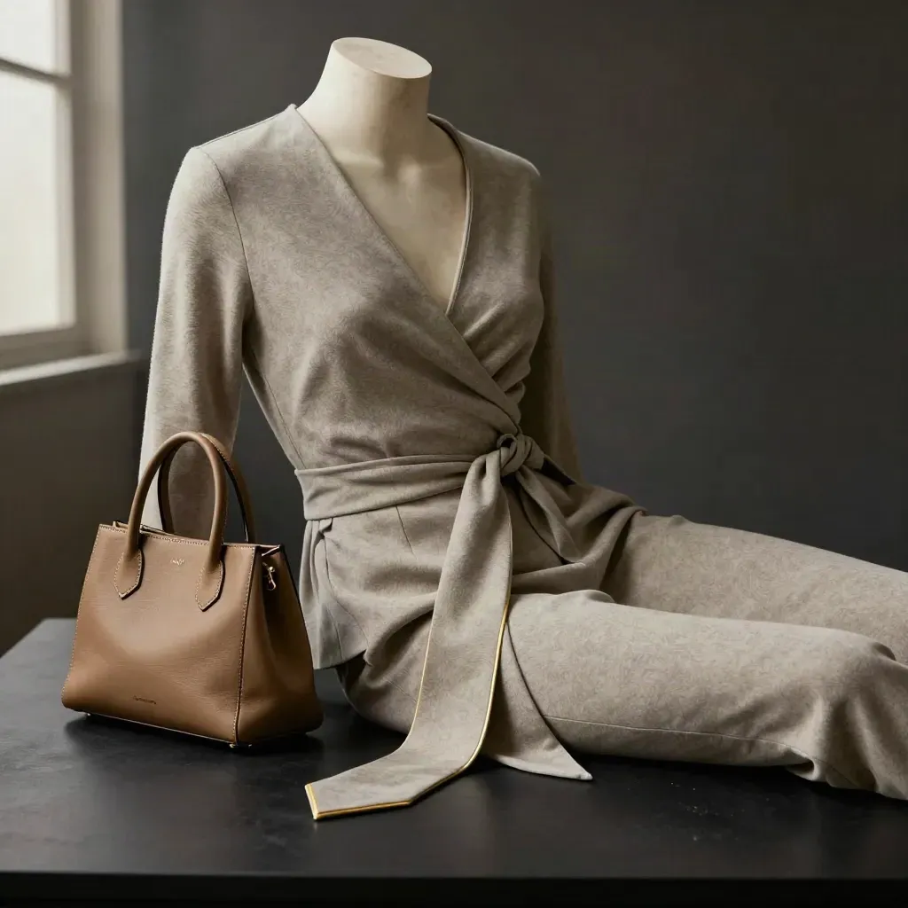 Stone wrap top on plaster form with trousers and a small tote on black studio surface, low dramatic light