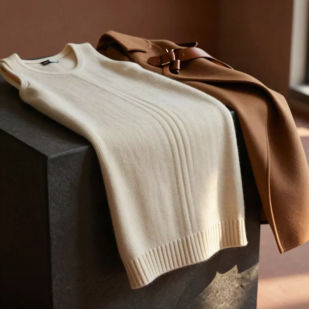 Ivory rib-knit skirt with belt, tank and coat on a dark plinth, side-lit.
