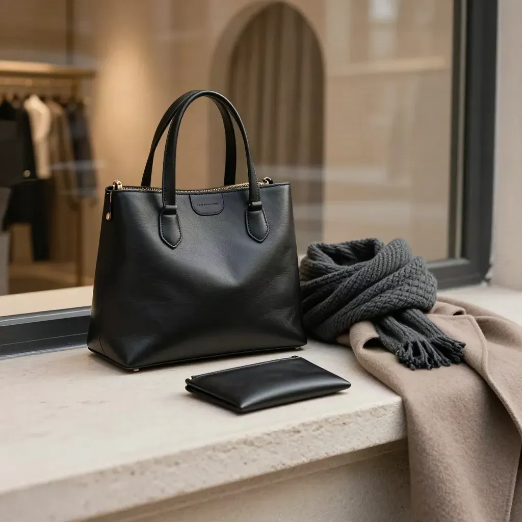 Black leather mini bag with scarf, card pouch and folded coat on a stone ledge in soft side light