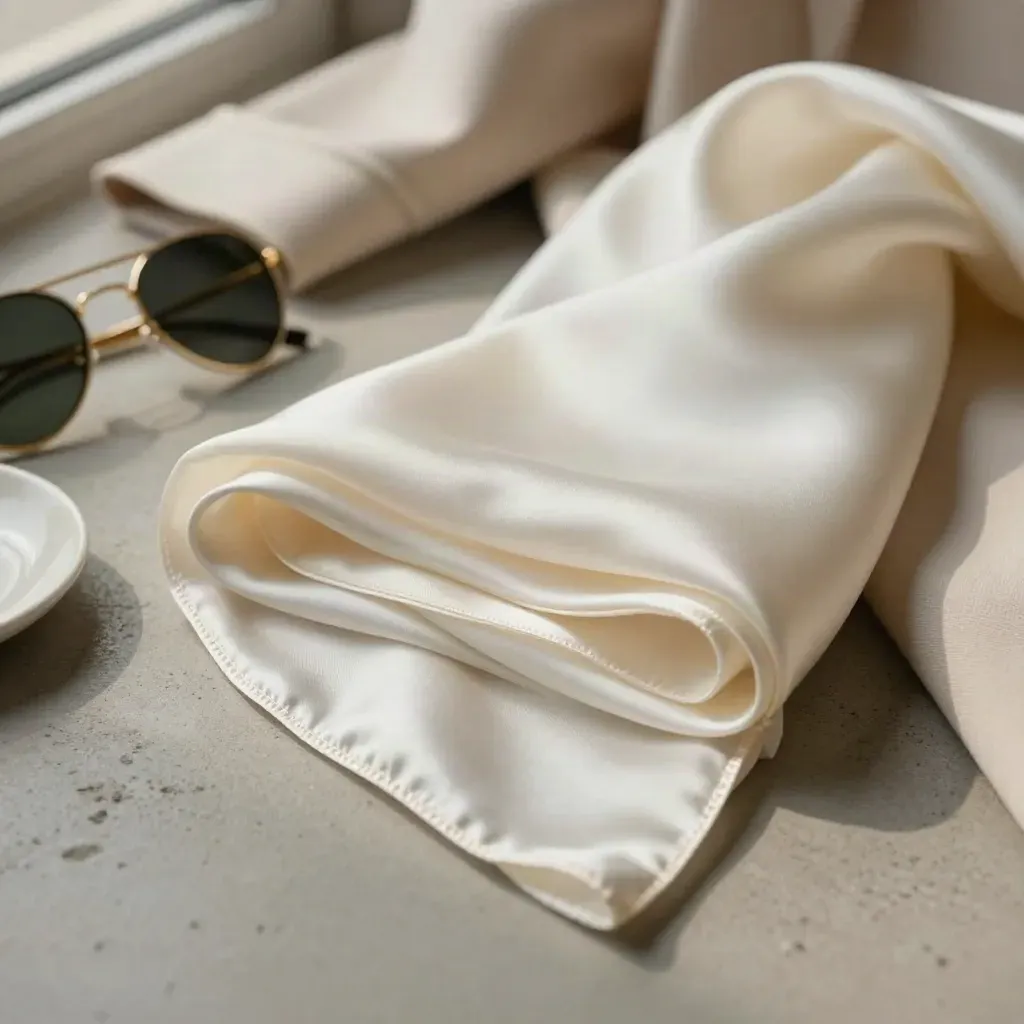 Pearl satin scarf with coat cuff, sunglasses and a cream dish on cool concrete.