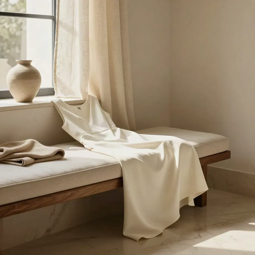 Ivory dress on a bench in a sunlit cream-marble bedroom corner with linen and a vase.