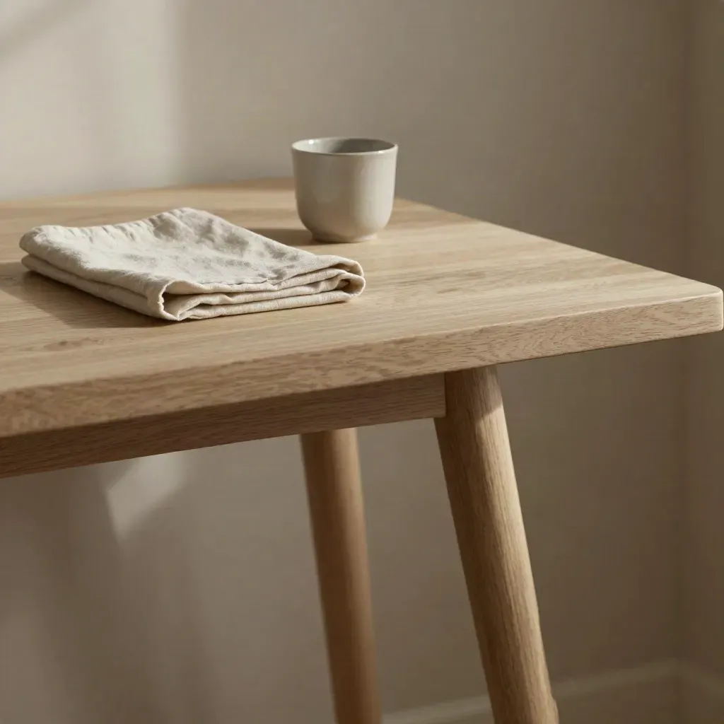 Pale oak tabletop with linen runner and ceramic cup, soft morning light and open copy space.
