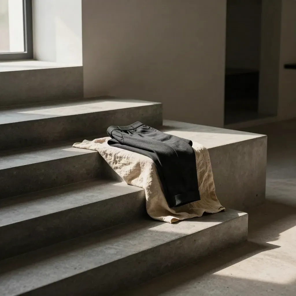 Charcoal stone stair landing with linen throw, folded trousers, and long sunlit shadows