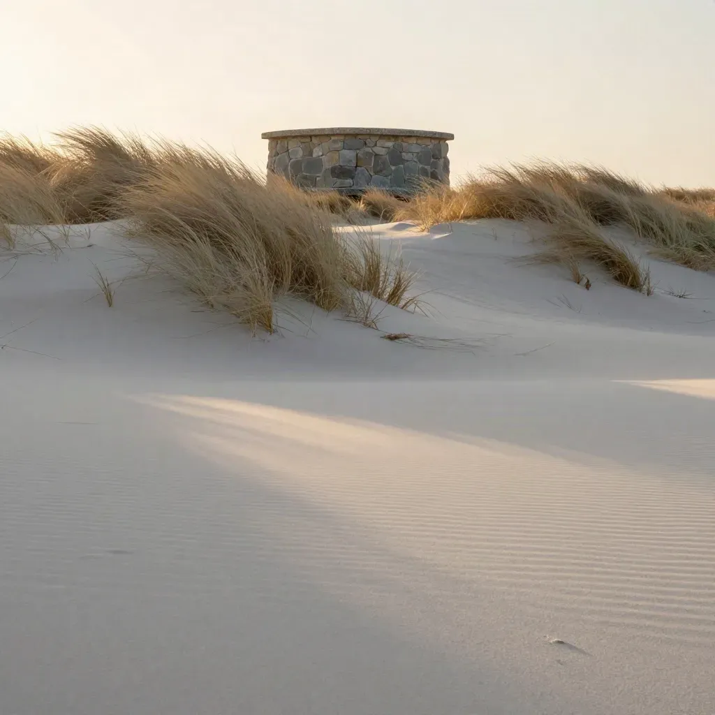 Sunlit dune ridge with dry grass and stone shelf above calm sand