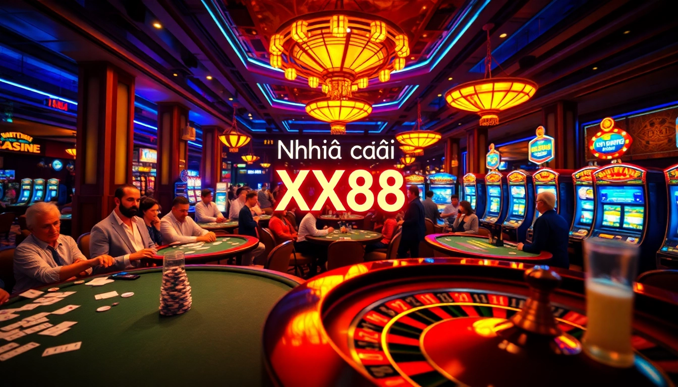 Discover users reveling in the excitement of Nhà cái XX88's lavish casino environment, complete with sparkling slot machines and lively poker games.