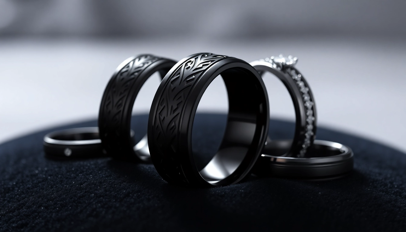Featuring Black Wedding Rings for Men, this elegant array showcases polished tungsten and diamond accents.