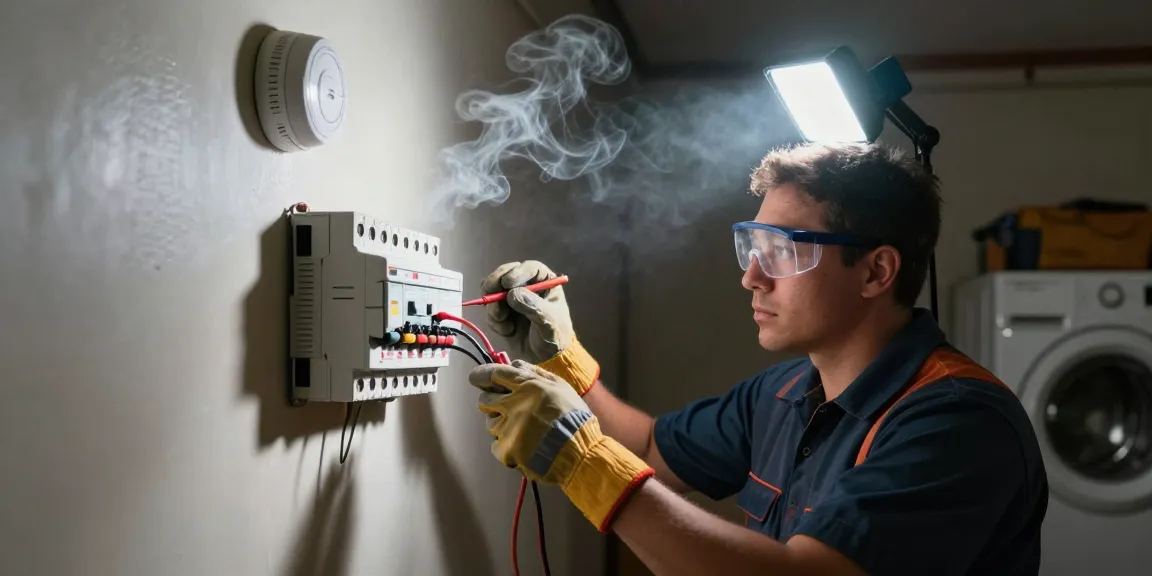 Emergency electrician near me fixing circuit breaker in a basement with tools and safety gear.