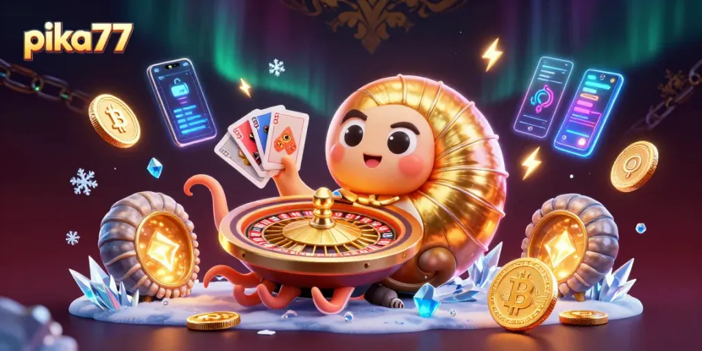 Engage with the diverse gaming world of pika77, featuring an ancient nautilus roulette and card hands.