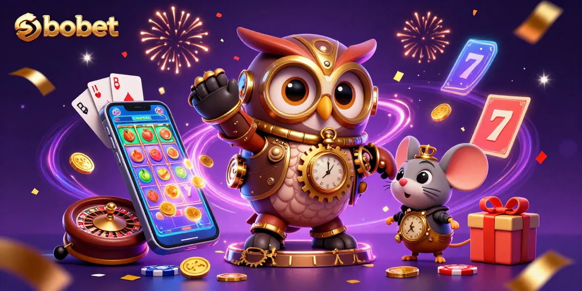 Experience sbobet in a vibrant casino scene where a time-traveling owl navigates through thrilling gambling adventures.