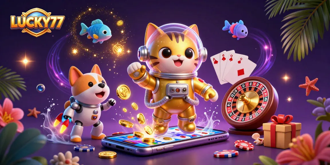 LUCKY77 energizing spins on a colorful slot game, featuring a space astronaut cat and robot dog.