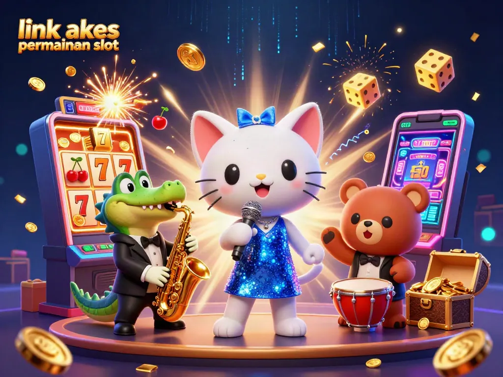 Memenangkan slot gacor dengan akses permainan slot menarik, simbol keberuntungan bertebaran di sekitar panggung kasino.