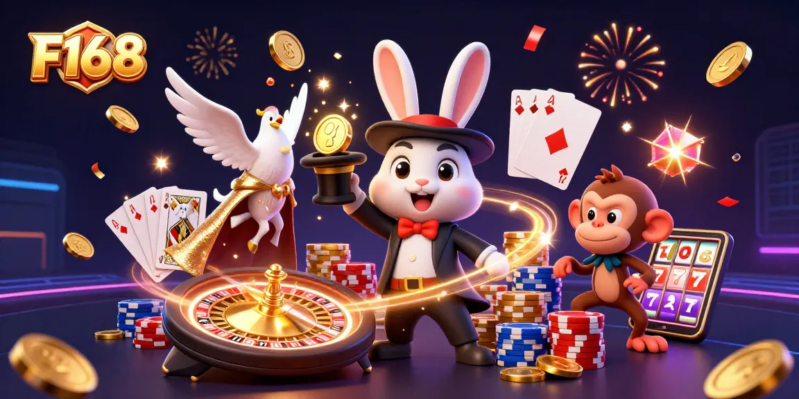 Experience the magic of F168 with a dazzling casino scene featuring a rabbit magician, a dove assistant, and mischievous monkey!