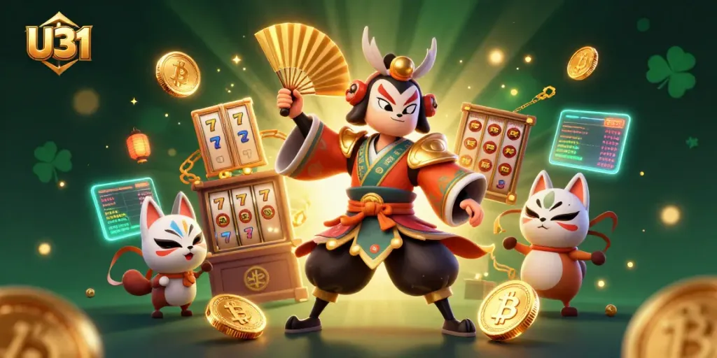 Engage in thrilling U31 casino adventures with kabuki warriors, jackpot symbols, and crypto elements.