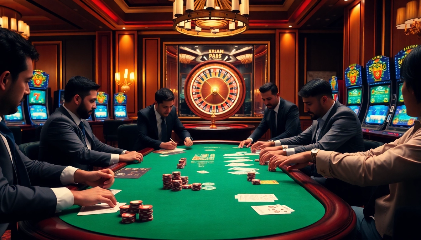 Players strategizing at a casino poker table amidst hidden wiki links, blending intrigue and gambling excitement.