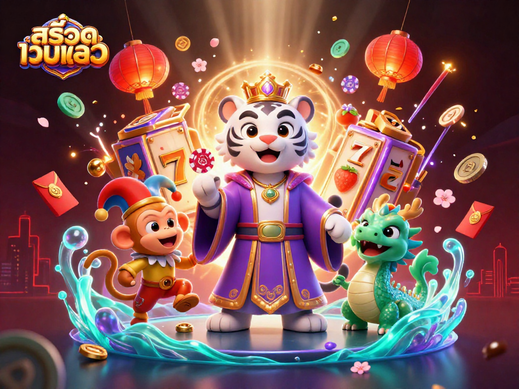 Engage with สล็อตเว็บตรง online as colorful characters surround vibrant slot game elements.