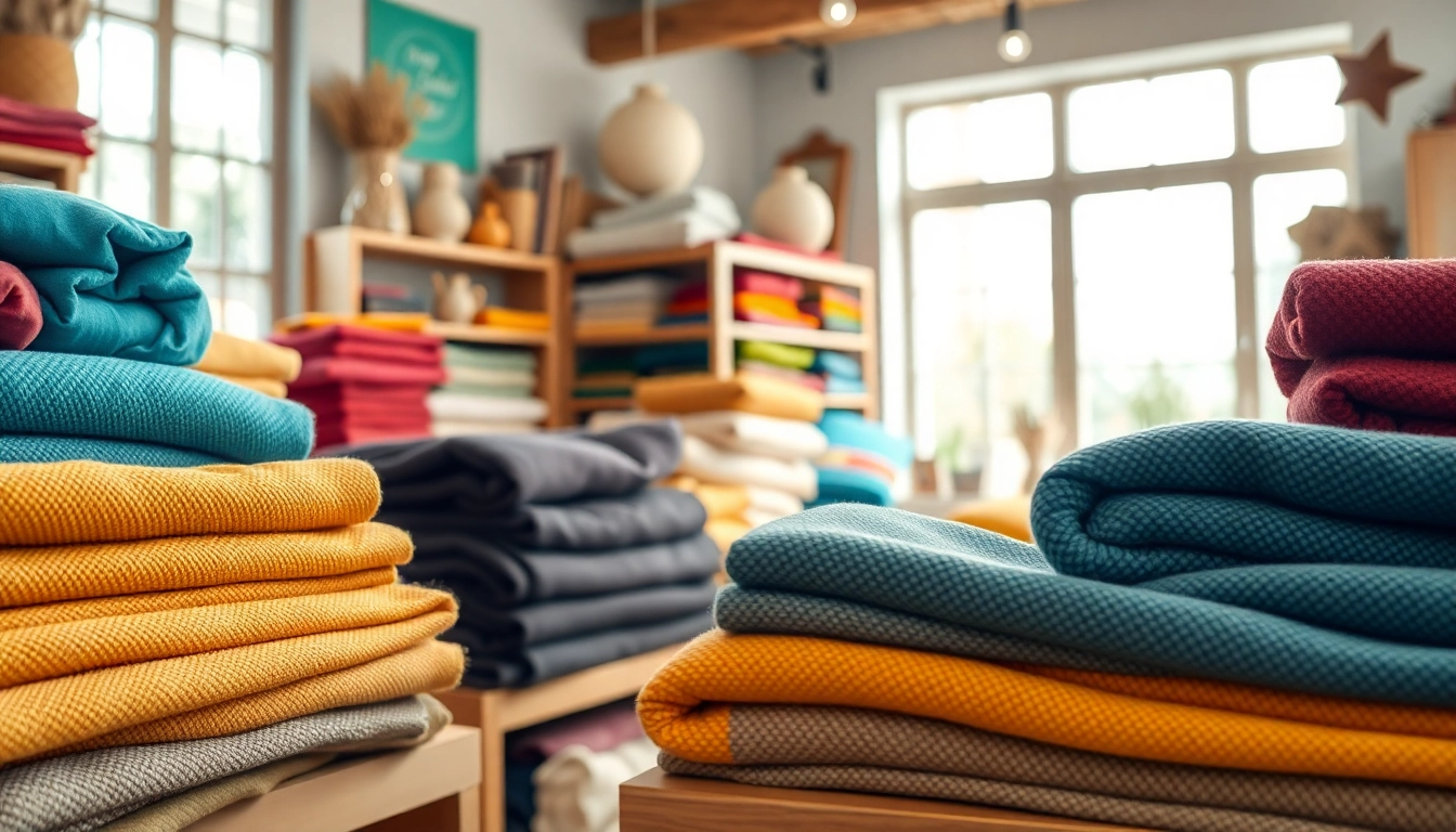 Stoffen online bestellen van verschillende kleurrijke en textuurstoffen in een gezellige winkel.
