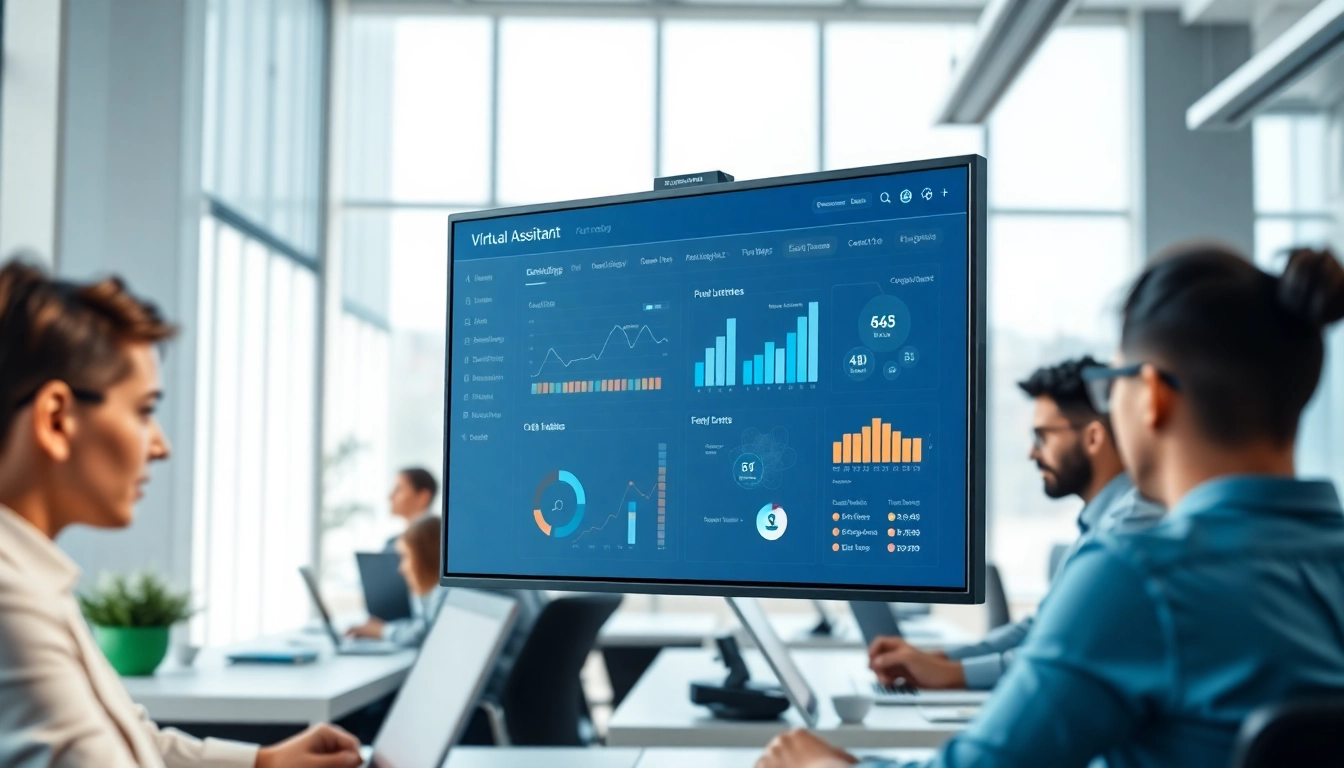 Showcasing an assistant for enterprise on a large screen in a modern business office.