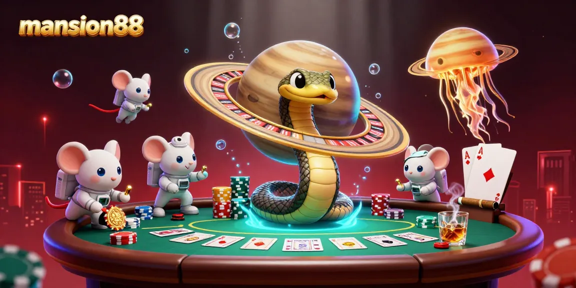 Place bets and win at mansion88 with a vibrant cosmic casino illustration featuring unique characters.