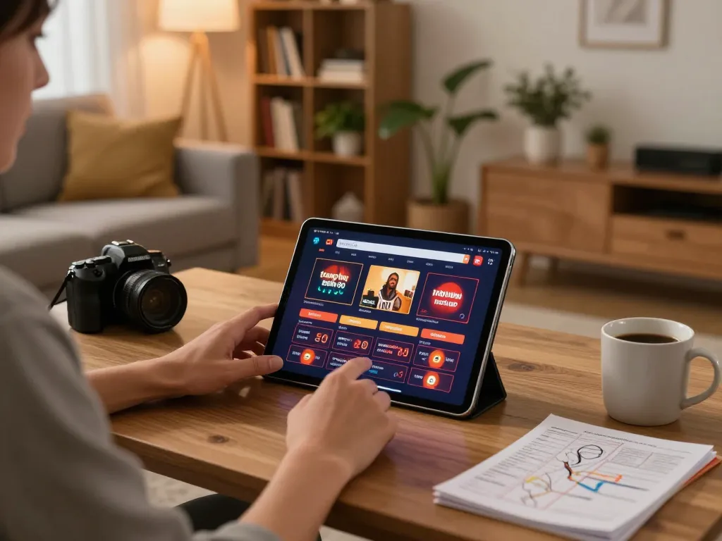 Player interacting with trang chủ nohu90 on tablet in a cozy home setting, showcasing responsible gaming.