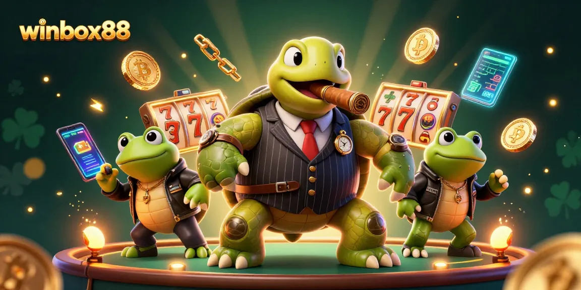 Winbox88 vibrant illustration with a snapping turtle mobster and enforcers celebrating casino wins.