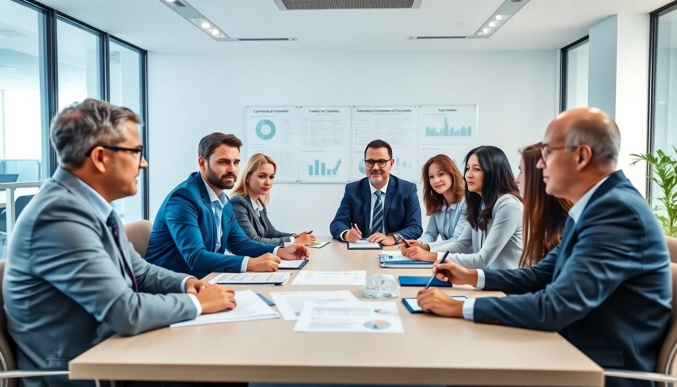 Collaborative professionals discussing Federal and State contracts and grants at a modern office setting.