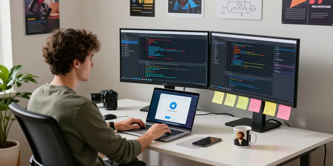 Dynamic digital workspace featuring a developer showcasing telegram官网 on multiple monitors, emphasizing technology and productivity.