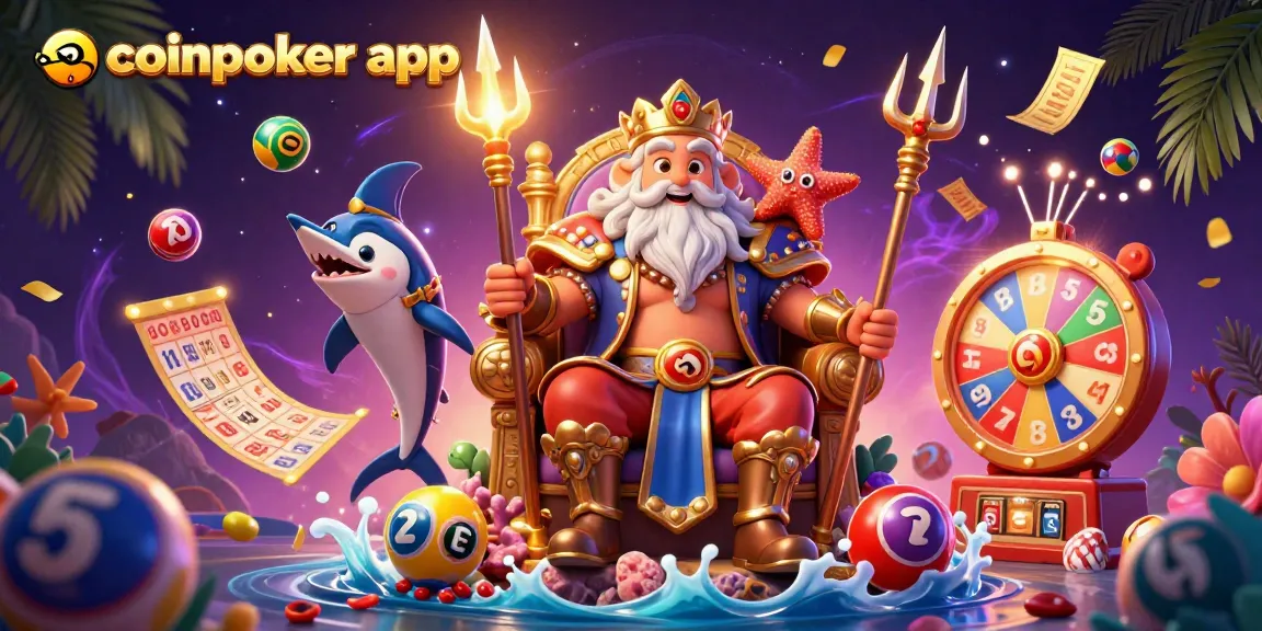Jouer à CoinPoker app avec Neptune et des éléments de bingo colorés, un monde de jeux captivants.