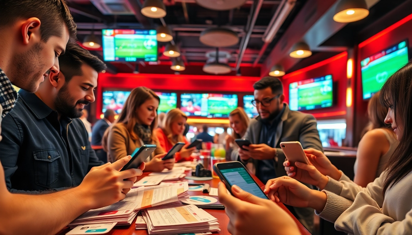 Experience the excitement of the best sports betting sites India with diverse bettors placing wagers in a vibrant setting.
