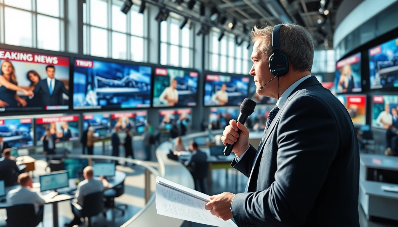 Journalist covering breaking news in a vibrant newsroom setting.