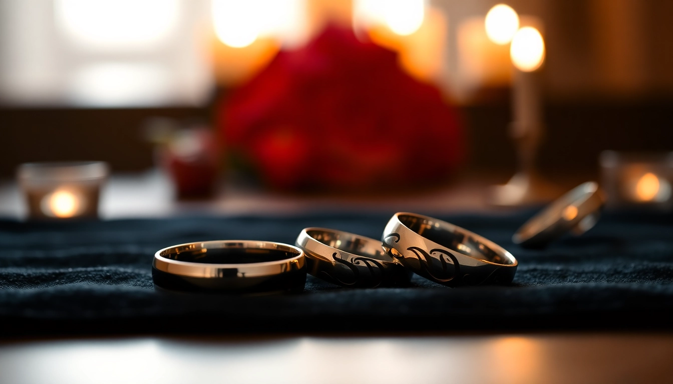 Showcasing tungsten wedding bands with a sleek design on velvet, emphasizing elegance and luxury.
