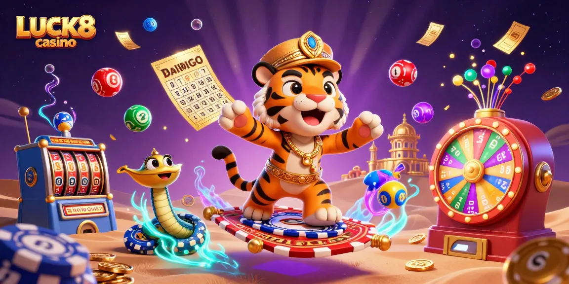 Experience the excitement of LUCK8 casino with vibrant 3D illustrations that showcase dynamic gaming elements.