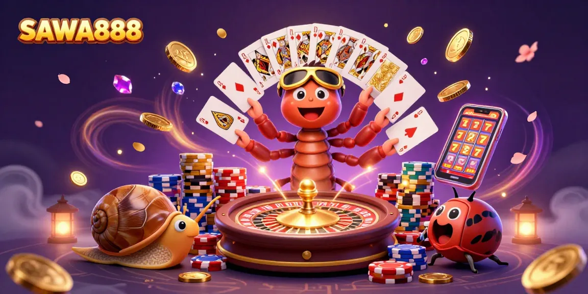 Win big with SAWA888 as a colorful cartoon dealer showcases casino excitement amid golden coins and cards.