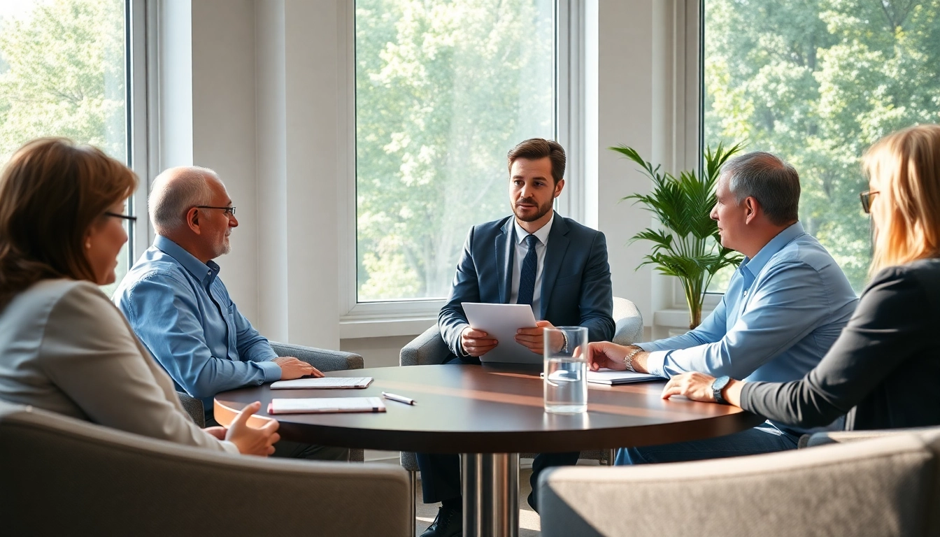 Mediation session with a professional mediator guiding clients in a serene office.