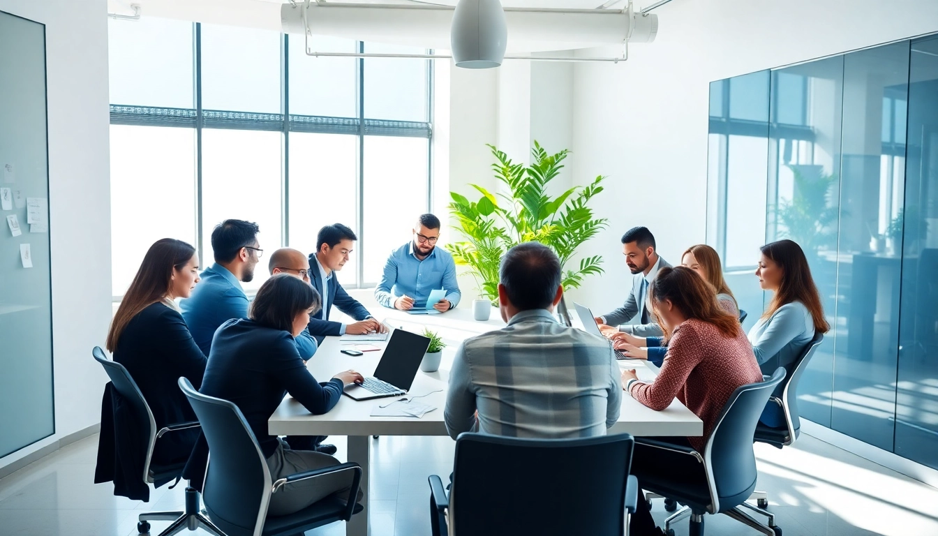 Business team exploring growth strategy trends collaboratively in a modern office setting.