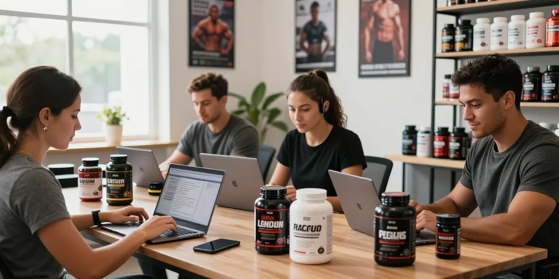 Driada Medical Shop environment with athletes exploring anabolic products, highlighting quality and performance.