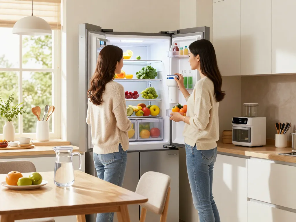 Examining the Overbest DA29-00020B Refrigerator Water Filter in a modern kitchen with fresh produce.