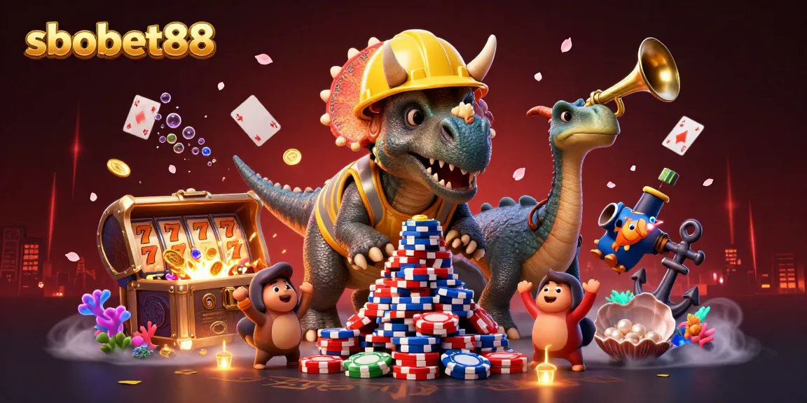 Spin and celebrate with sbobet88 at this vibrant gaming scene filled with lively characters and excitement.