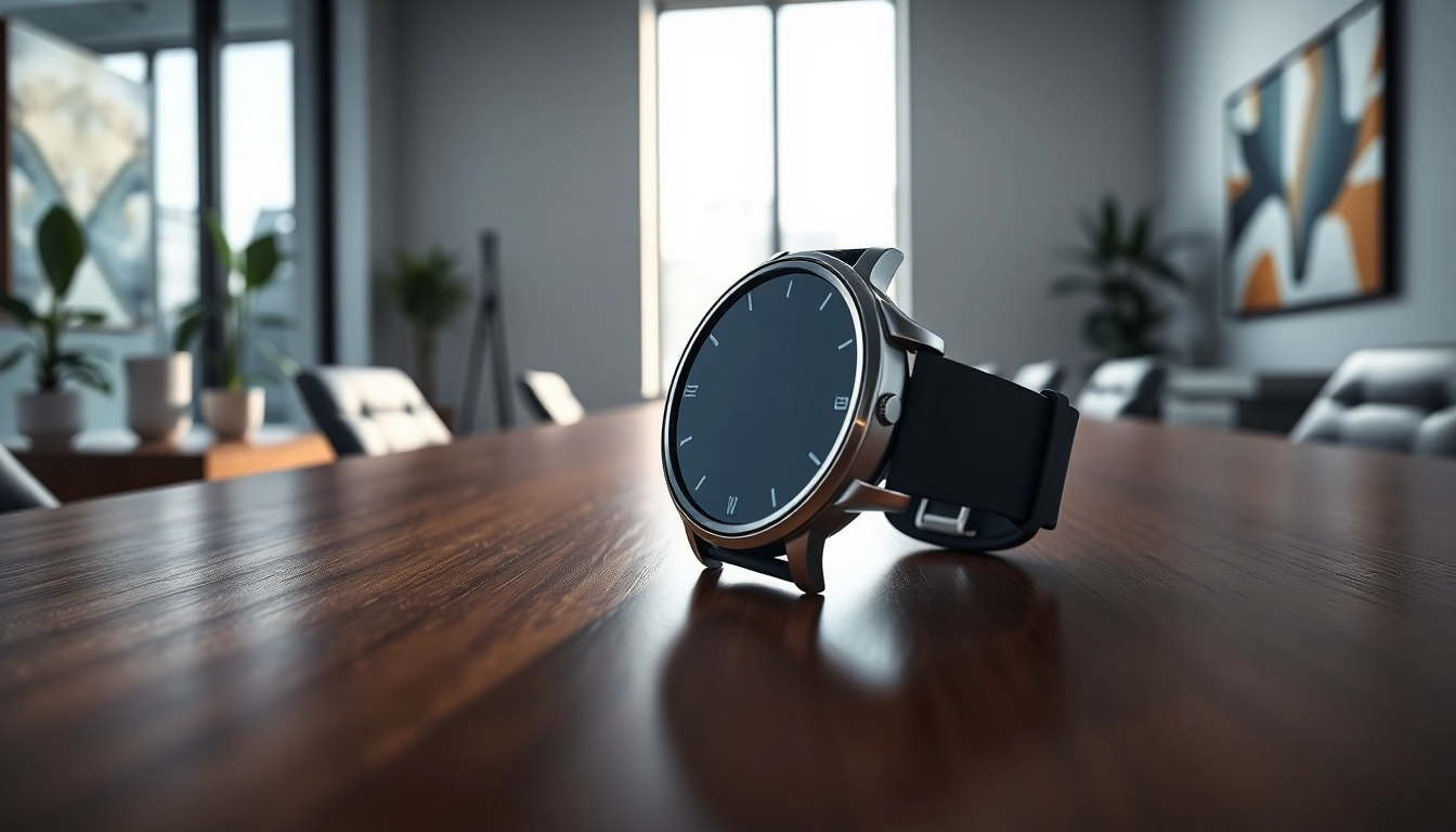 Showcasing a stylish Pulse Smart Watch on a modern wooden desk in a well-lit office.