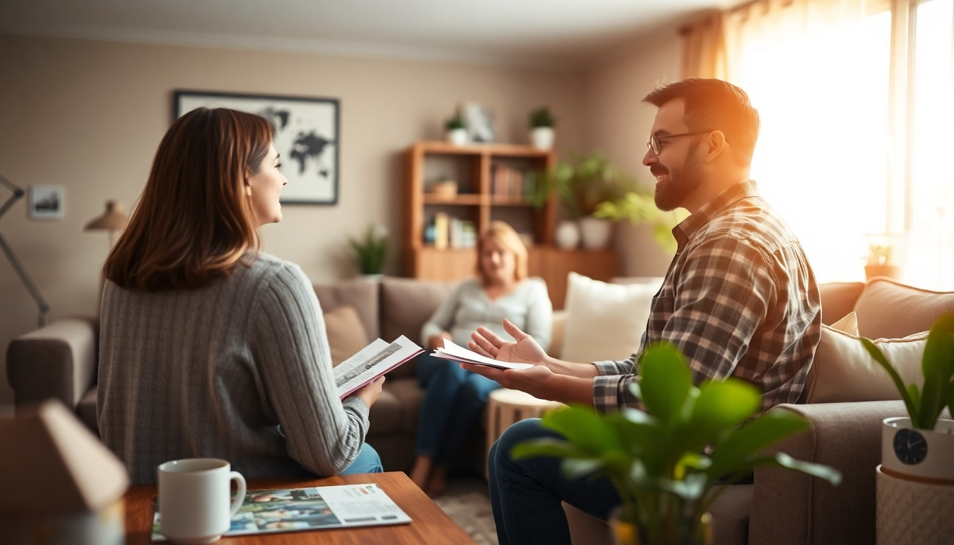 Home warranty with local contractors discussed in a welcoming living room environment for clear communication.