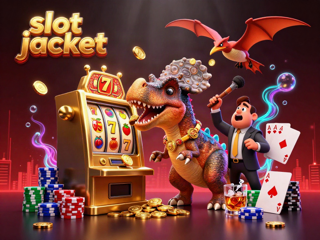 Experience the thrilling slot jackpot action with a pachycephalosaurus and casino managers in a vibrant scene.